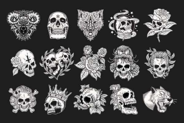 Set Mega Collection Bundle of Hand drawn Skull Rose King Crown Head Dark Art with Different Angel Hatching Outline Style illustration