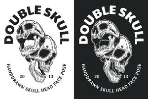 Set Skull Double Face Dark illustration Beast Skull Bones Head Hand drawn Hatching Outline Symbol Tattoo Merchandise T-shirt Merch vintage vector