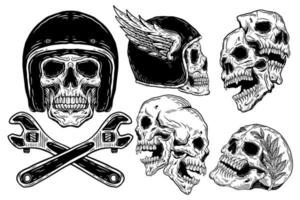 Bundle Set Skull Helmet Rider Road Fast Dark illustration Devil Demon Horror Skull Head Hand drawn Hatching Tattoo Merchandise T-shirt Merch vintage vector
