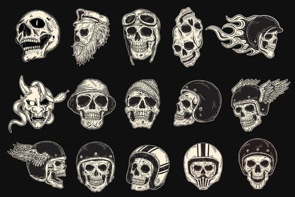 Set Mega Collection Bundle of Hand drawn Skull Rider Helmet Head Dark Art with Different Angel Hatching Outline Style illustration