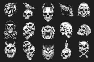 conjunto mega colección paquete de cráneo dibujado a mano diablo demonio oni máscara cabeza arte oscuro con diferentes ángeles eclosión ilustración de estilo de contorno vector
