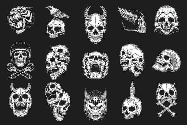 Set Mega Collection Bundle of Hand drawn Skull Devil Demon Oni Mask Head Dark Art with Different Angel Hatching Outline Style illustration