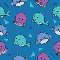 Lindo papel tapiz de patrones sin fisuras de animales marinos con diseño azul marino claro. vector