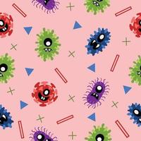 lindo papel tapiz de patrones sin fisuras de bacterias verdes, azules y rojas con diseño rosa claro. vector