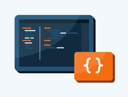 Coding Programming Vector Illustration Icon Orange and Dark Blue Screen Developer Environment for Computer Science Poster or Graphic Element