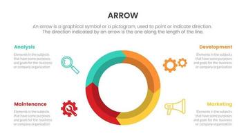 arrow infographic with circle arrows concept for slide presentation with 4 point list and arrow shape direction vector