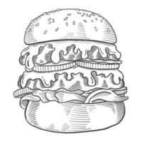 hamburguesa, comida rápida, solo, aislado, mano, dibujado, bosquejo, con, contorno, estilo vector