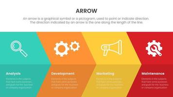 arrow infographic with horizontal direction concept for slide presentation with 4 point list and arrow shape direction vector