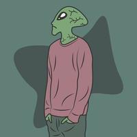 Alien character is looking up at the sky in flat cartoon style vector