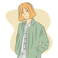 Beautiful girl character with blonde hair wearing jacket in flat cartoon style vector