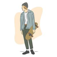 Young man standing and holding skateboard in flat cartoon style vector