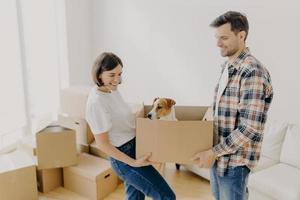 Indoor shot of positive female and male carry carton box with favourite pet, relocate in other place of living, busy with unpacking personal belongings, pose in empty room with many containers. photo