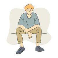 Young man character sitting and smiling in flat cartoon style vector