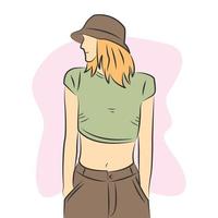 Young female character wearing hat and casual clothes in flat cartoon style vector
