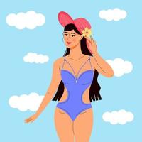 hermosa mujer en traje de baño y sombrero. vacaciones de verano, estilo de vida saludable, relajación en la playa. vector