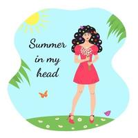 hermosa chica con ramo de chamomiles está de pie en el prado. flores, hojas y mariposas en su cabello negro. cita de verano en mi cabeza. vector
