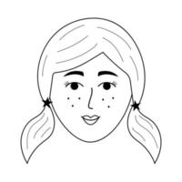 cara de niña en estilo garabato. avatar de mujer joven con colas de caballo y pecas. vector