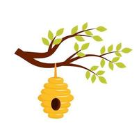 Bee hive hanging on a tree branch with leaves in cartoon style. vector