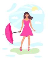 mujer feliz con sombrilla en un parque. después de la lluvia, el sol se asoma por detrás de la nube. clima cambiante de verano, estilo de vida saludable y actividades recreativas de ocio. vector