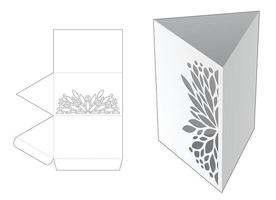 triangular shaped stationery box with stenciled mandala die cut template and 3D mockup vector