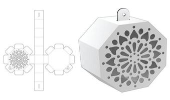 Hanging octagonal box with stenciled mandala die cut template and 3D mockup vector