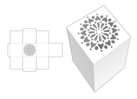 Stenciled square box die cut template and 3D mockup vector