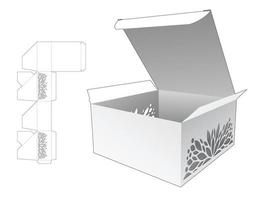 Cardboard flap box with stenciled die cut template and 3D mockup vector