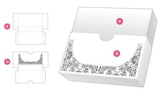 sliding box with stenciled on cover die cut template and 3D mockup vector