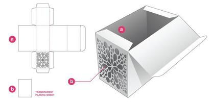 box and stenciled mandala with transparent plastic sheet die cut template and 3D mockup vector