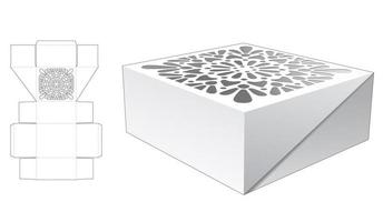 Cake box with stenciled mandala pattern on top die cut template and 3D mockup vector