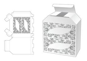 Chamfered packaging box with stenciled pattern die cut template and 3D mockup vector