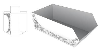 Cardboard chamfered tray with stenciled die cut template and 3D mockup vector