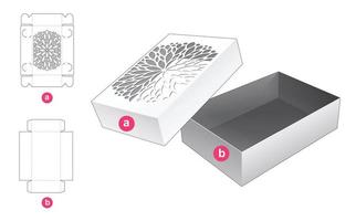 Box and stenciled lid die cut template and 3D mockup vector