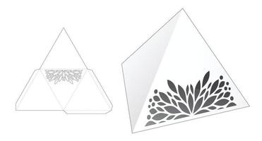 Tetrahedon box with stenciled mandala die cut template and 3D mockup vector