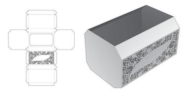 Octagonal container box with stenciled pattern die cut template and 3D mockup vector