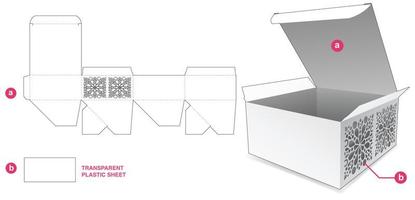 Cardboard box with stenciled mandala on side wall and plastic sheet die cut template and 3D mockup vector