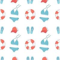 Summer seamless doodle pattern. Bikini, Flip-flops, Cap, lifeline. Flat vector illustration