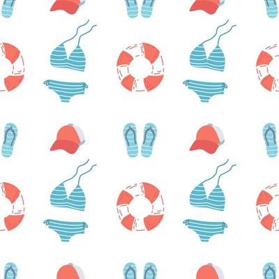 Summer seamless doodle pattern. Bikini, Flip-flops, Cap, lifeline. Flat vector illustration