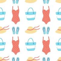 Summer seamless doodle pattern. Beach bag, hat, swimsuit, flip-flops. Flat vector illustration