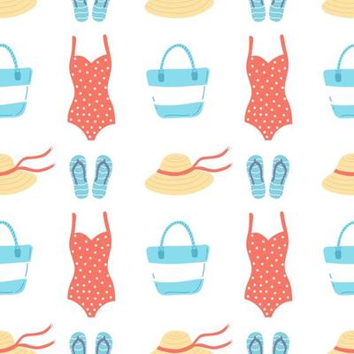 Summer seamless doodle pattern. Beach bag, hat, swimsuit, flip-flops. Flat vector illustration