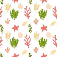 Summer seamless pattern with seaweed, corals and shells. Flat vector illustration