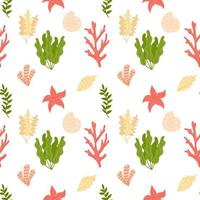 Summer seamless pattern with seaweed, corals and shells. Flat vector illustration