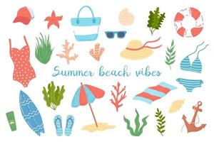 Summer beach vibes. Set with summer things and objects, summer holidays and tourism. Beach accessories and marine flora. Flat vector illustration