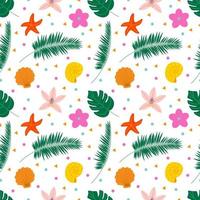 Seamless summer pattern with tropical flowers and leaves. Flat vector illustration