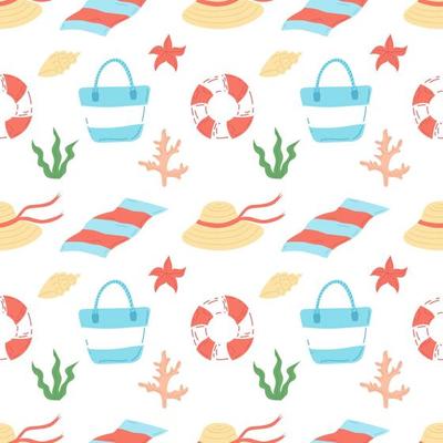Summer seamless doodle pattern. Beach bag, towel, hat, coral and seaweed. Flat vector illustration