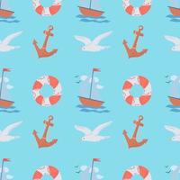 Seamless summer pattern on a marine theme. Seagull, anchor, lifebuoy. Flat vector illustration