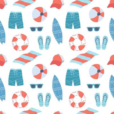 Seamless summer pattern beach vacation. Lifebuoy, shorts, flip-flops, lifebuoy, cap, ball, sunglasses, beach towel. Flat vector illustration