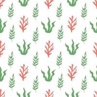 Summer seamless pattern with seaweed, corals and shells. Flat vector illustration