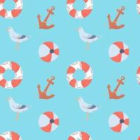 Seamless summer pattern on a marine theme. Seagull, anchor, lifebuoy. Flat vector illustration