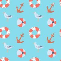 Seamless summer pattern on a marine theme. Seagull, anchor, lifebuoy. Flat vector illustration